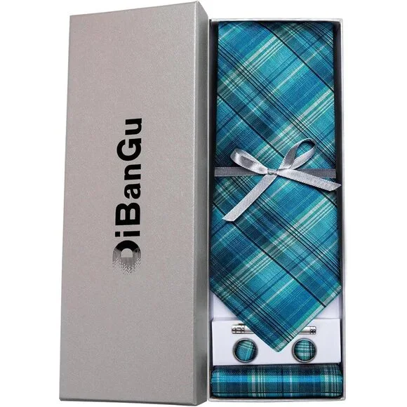 🆕Men Blue Plaid Silk Checkered Necktie Pocket Square Cufflinks Tie Clip Set